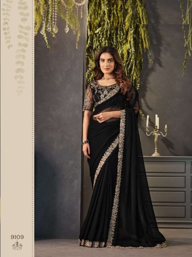 DESIGNER FANCY WEDDING PARTY WEAR HEAVY BLACK GEORGETTE SILK SAREE COLLECTION SM ANMOL 9109