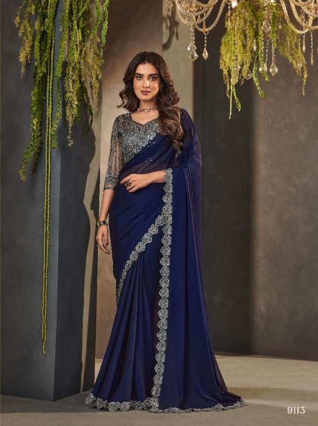 DESIGNER FANCY WEDDING PARTY WEAR HEAVY BLUE GEORGETTE SILK SAREE COLLECTION SM ANMOL 9113