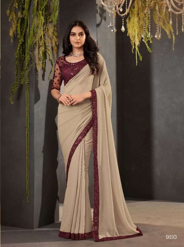 DESIGNER FANCY WEDDING PARTY WEAR HEAVY CHIKU GEORGETTE SILK SAREE COLLECTION SM ANMOL 9110