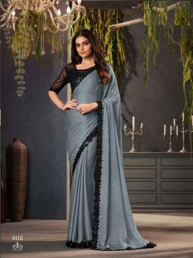 DESIGNER FANCY WEDDING PARTY WEAR HEAVY GREY GEORGETTE SILK SAREE COLLECTION SM ANMOL 9112