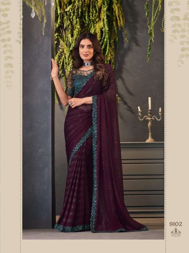 DESIGNER FANCY WEDDING PARTY WEAR HEAVY PURPLE WINE GEORGETTE SILK SAREE COLLECTION SM ANMOL 9102