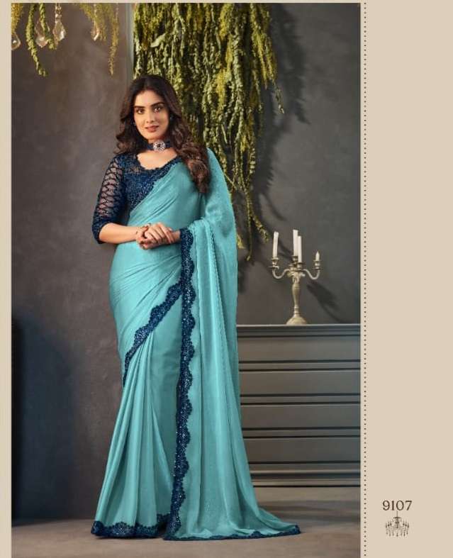 DESIGNER FANCY WEDDING PARTY WEAR HEAVY SKY BLUE GEORGETTE SILK SAREE COLLECTION SM ANMOL 9107