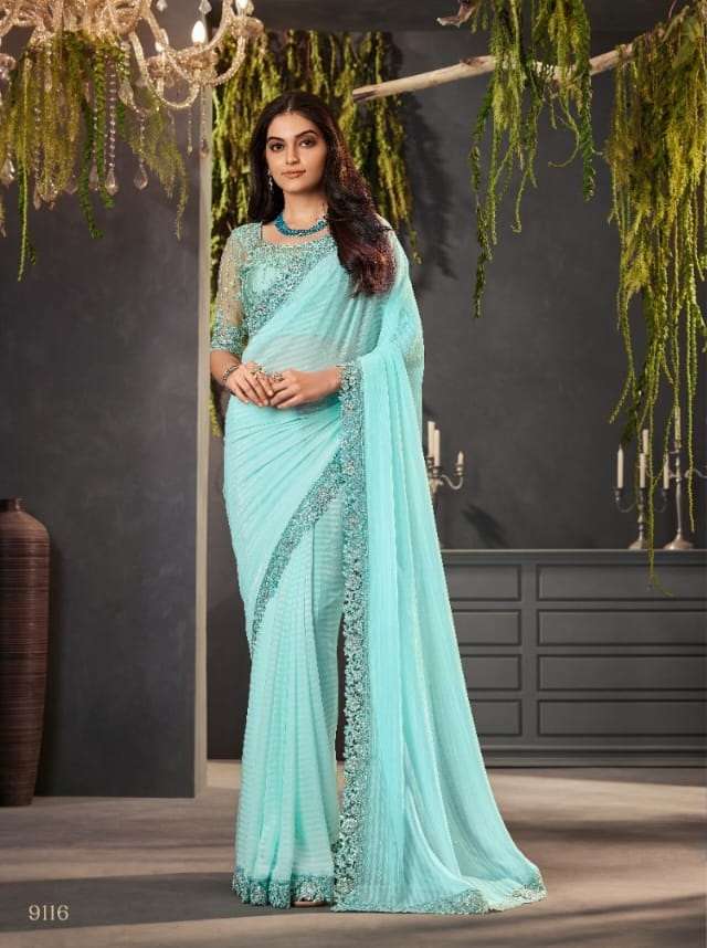 DESIGNER FANCY WEDDING PARTY WEAR HEAVY SKY BLUE GEORGETTE SILK SAREE COLLECTION SM ANMOL 9116