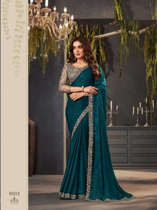 DESIGNER FANCY WEDDING PARTY WEAR HEAVY TEAL BLUE GEORGETTE SILK SAREE COLLECTION SM ANMOL 9103