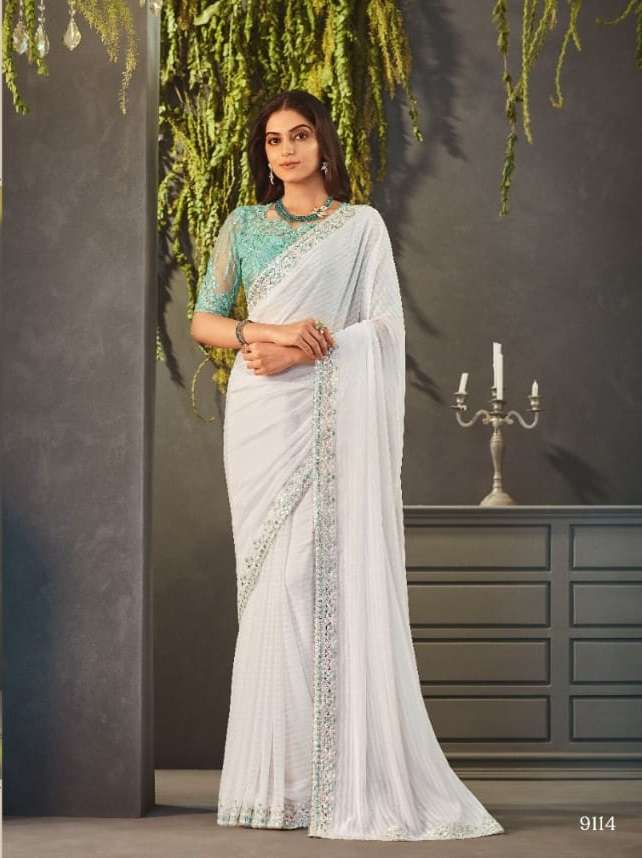 DESIGNER FANCY WEDDING PARTY WEAR HEAVY WHITE GEORGETTE SILK SAREE COLLECTION SM ANMOL 9114