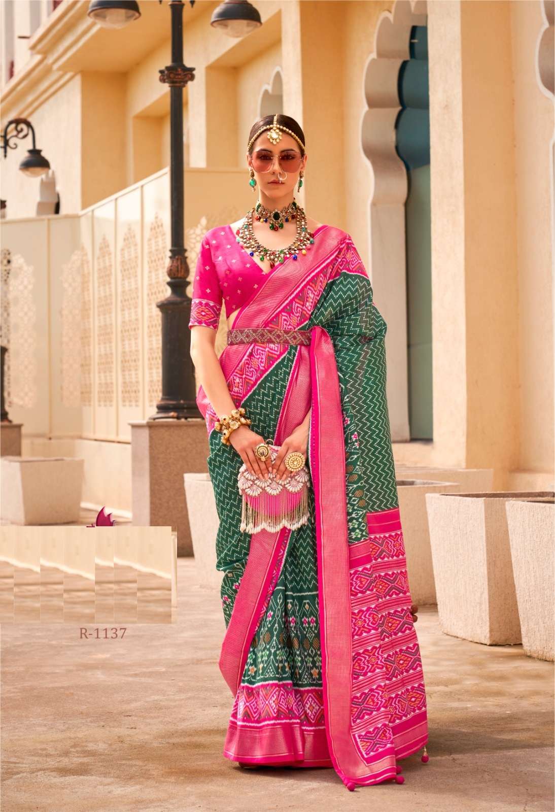 DESIGNER FANCY WEDDING PARTY WEAR INDIAN BANARASI SILK GREEN SAREE ONLINE SM RW SHAGUN PATOLA 1137