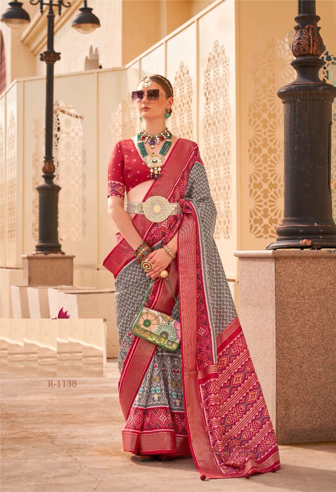 DESIGNER FANCY WEDDING PARTY WEAR INDIAN BANARASI SILK GREY SAREE ONLINE SM RW SHAGUN PATOLA 1138