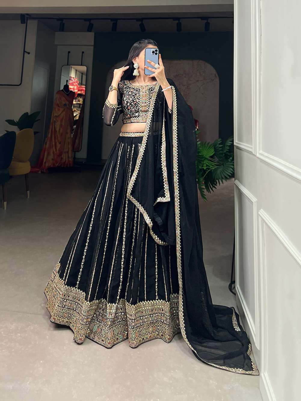 DESIGNER FANCY WEDDING PARTY WEAR INDIAN BLACK GEORGETTE LEHENGA CHOLI WITH GAJI SILK DUPATTA PC 1806