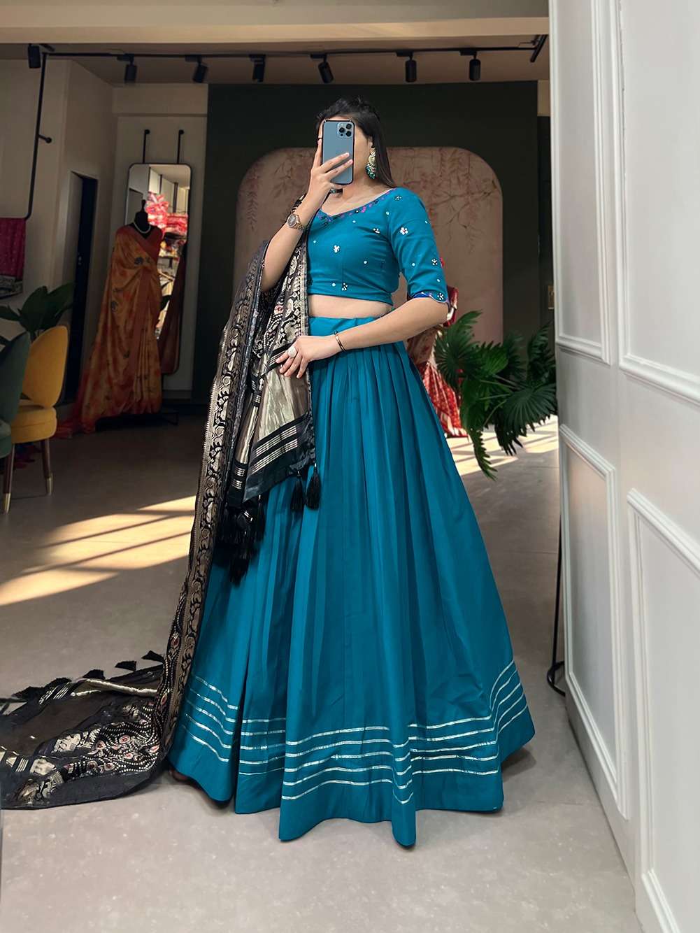 DESIGNER FANCY WEDDING PARTY WEAR INDIAN BLUE COTTON LEHENGA CHOLI WITH GAJI SILK DUPATTA PC 1675