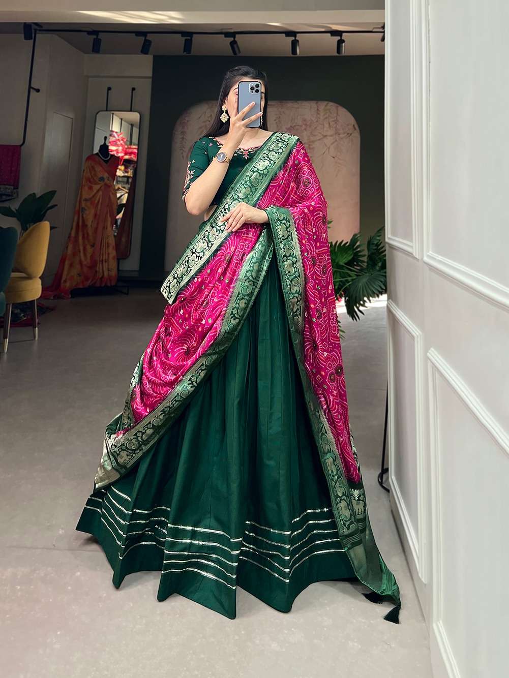 DESIGNER FANCY WEDDING PARTY WEAR INDIAN GREEN COTTON LEHENGA CHOLI WITH GAJI SILK DUPATTA PC 1675