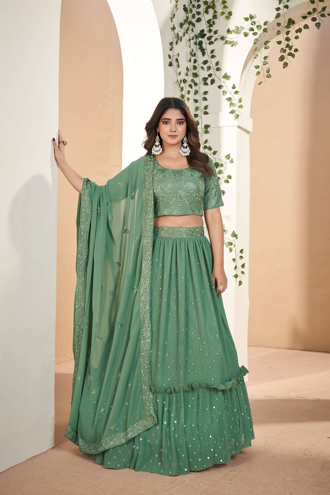 DESIGNER FANCY WEDDING PARTY WEAR INDIAN GREEN GEORGETTE LEHENGA CHOLI WITH DUPATTA AHVN 7702