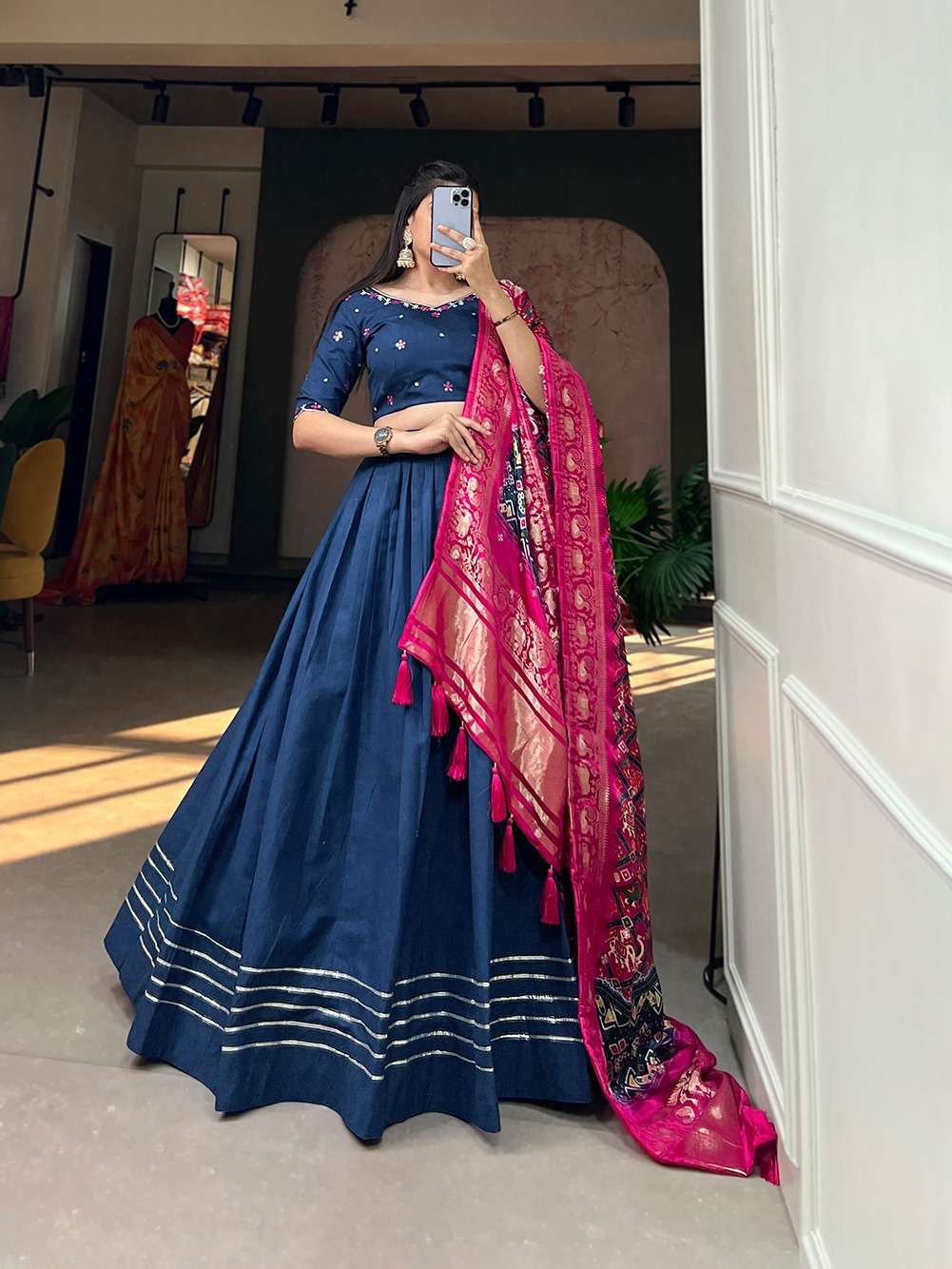 DESIGNER FANCY WEDDING PARTY WEAR INDIAN NEVY BLUE COTTON LEHENGA CHOLI WITH GAJI SILK DUPATTA PC 1675