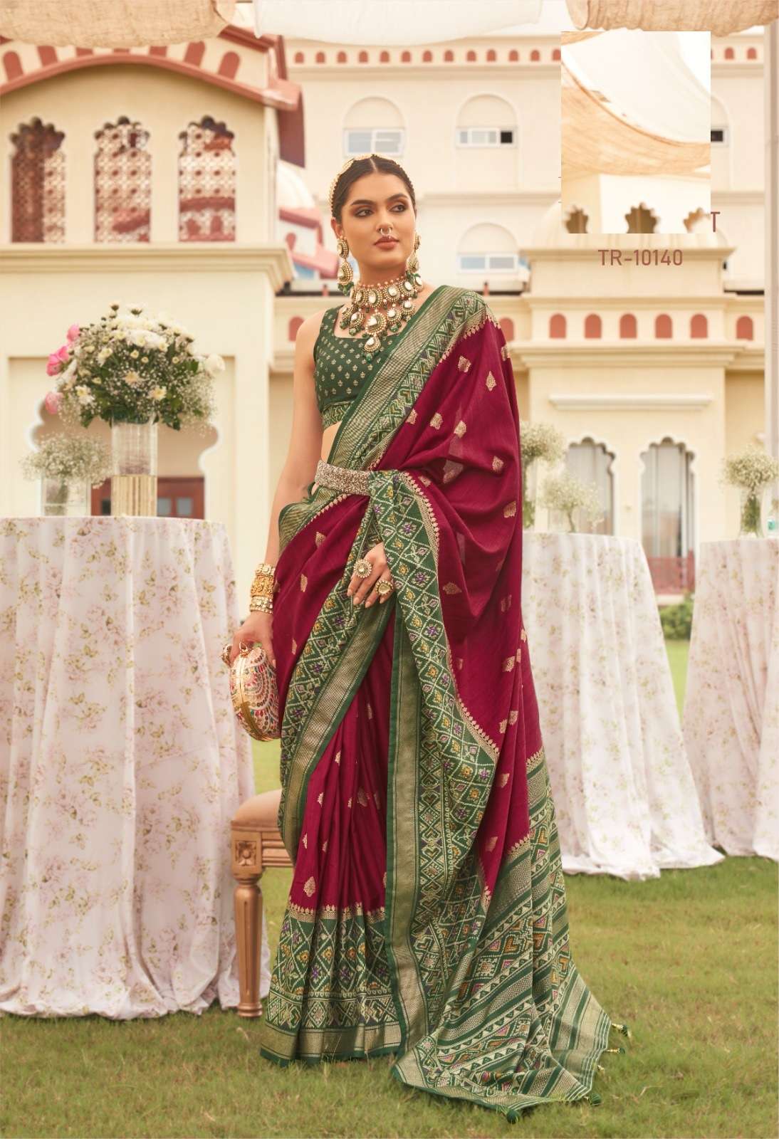 DESIGNER FANCY WEDDING PARTY WEAR INDIAN RED BANARASI SILK SAREE SM TRIRATH PREET PATOLA 10140