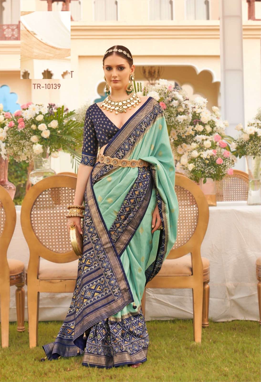 DESIGNER FANCY WEDDING PARTY WEAR INDIAN TEAL GREEN BANARASI SILK SAREE SM TRIRATH PREET PATOLA 10139