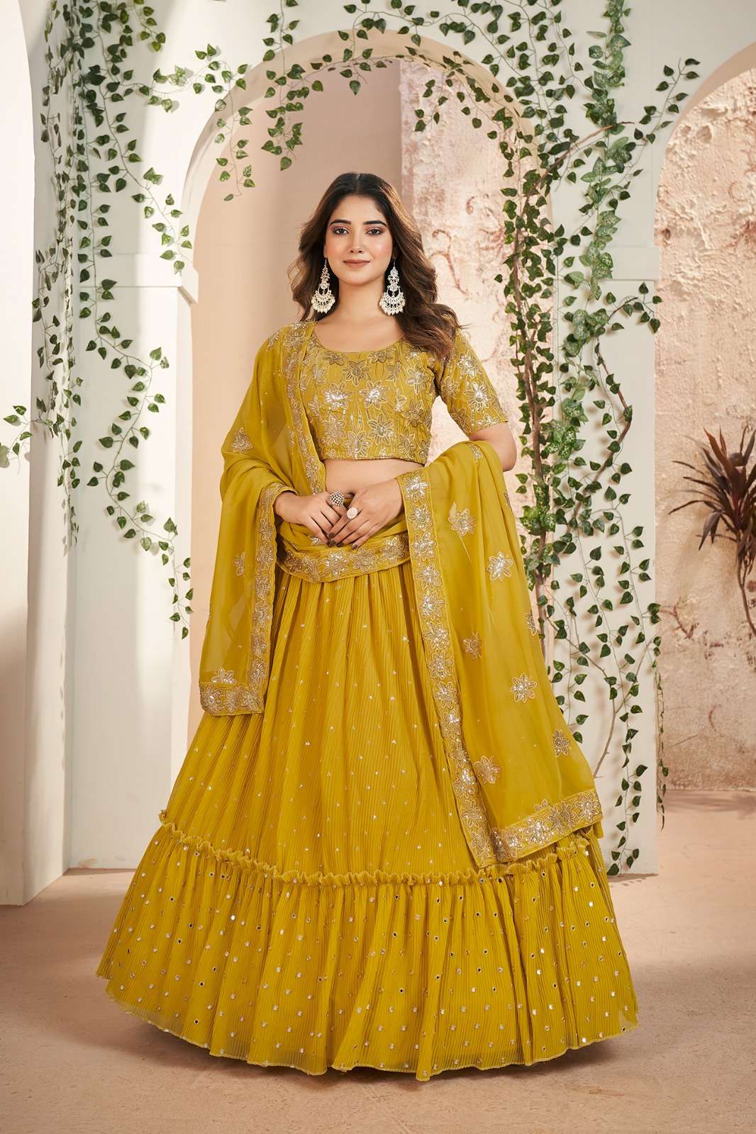 DESIGNER FANCY WEDDING PARTY WEAR INDIAN YELLOW GEORGETTE LEHENGA CHOLI WITH DUPATTA AHVN 7703