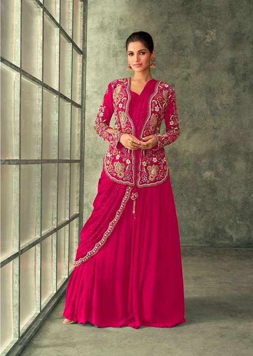 DESIGNER FANCY WEDDING PARTY WEAR REAL GEORGETTE PINK ANARKALI KOTI SALWAR SUIT GOWN SY EVERGREEN 5250 C