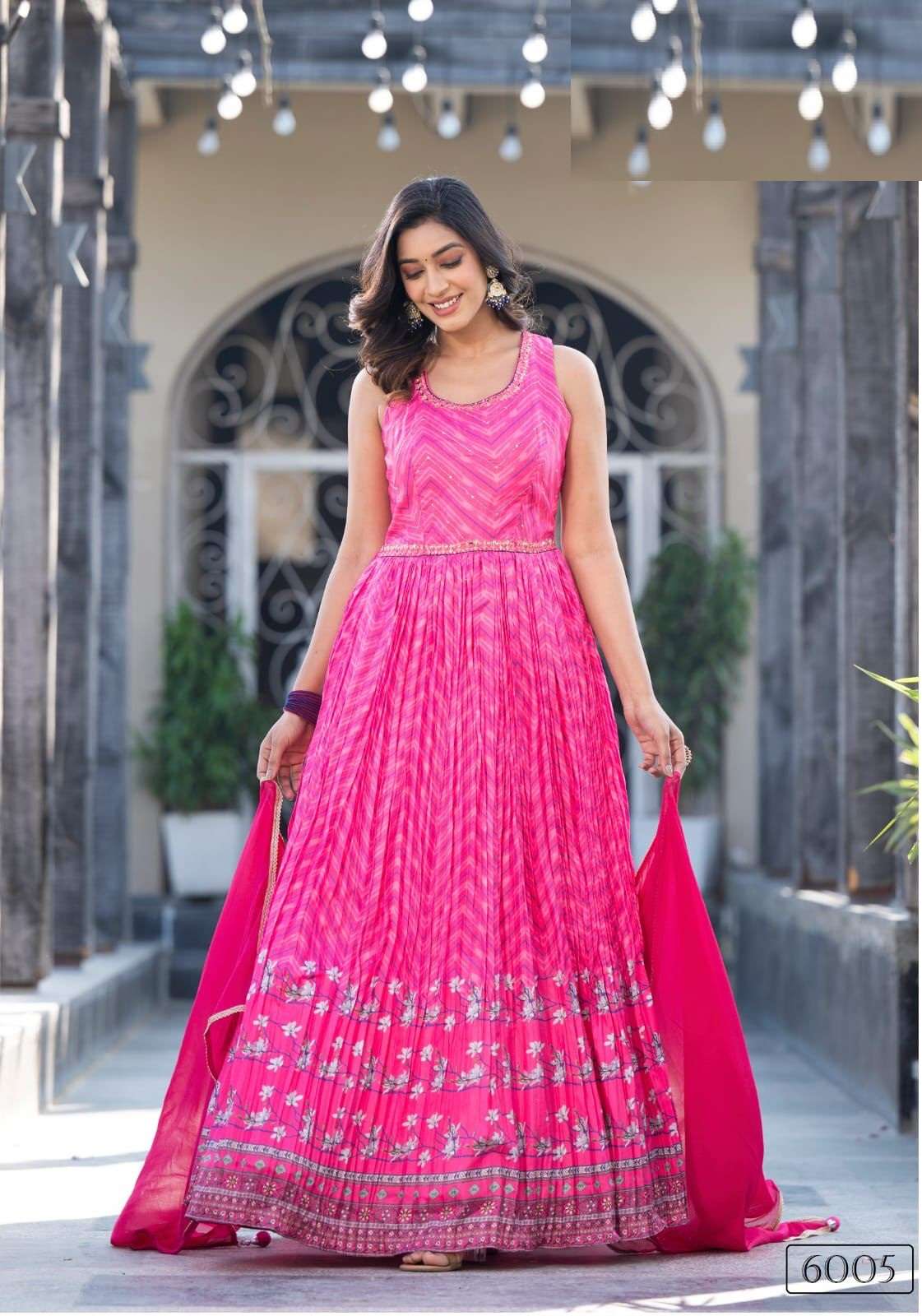 DESIGNER FANCY WEDDING PARTY WEAR SOFT DOLLA SILK PINK ANARKALI GOWN SALWAR SUIT WITH NAZMIN DUPATTA DST MASAKALI 6005