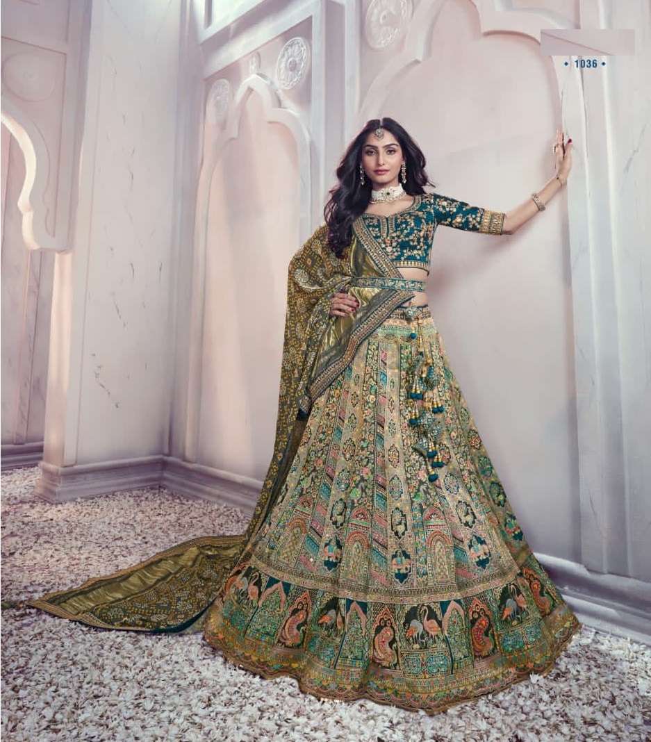 DESIGNER INDIAN BRIDAL WEDDING WEAR HEAVY GREEN SILK LEHENGA CHOLI WITH AARI HAND WORK SM ROYAL 1036