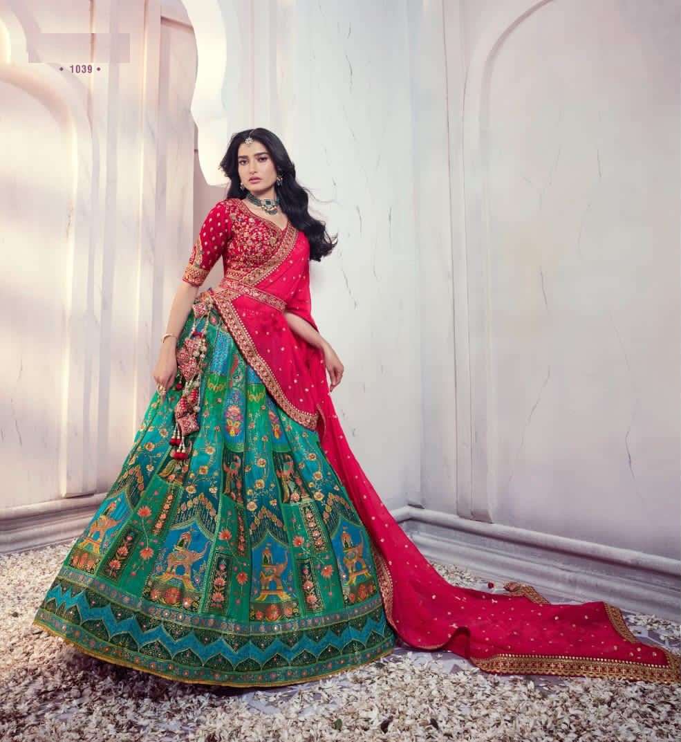 DESIGNER INDIAN BRIDAL WEDDING WEAR HEAVY GREEN SILK LEHENGA CHOLI WITH AARI HAND WORK SM ROYAL 1039