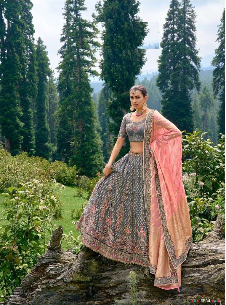 DESIGNER INDIAN BRIDAL WEDDING WEAR HEAVY GREY BANARASI SILK LEHENGA CHOLI WITH AARI WORK TATHASTU SM 6504