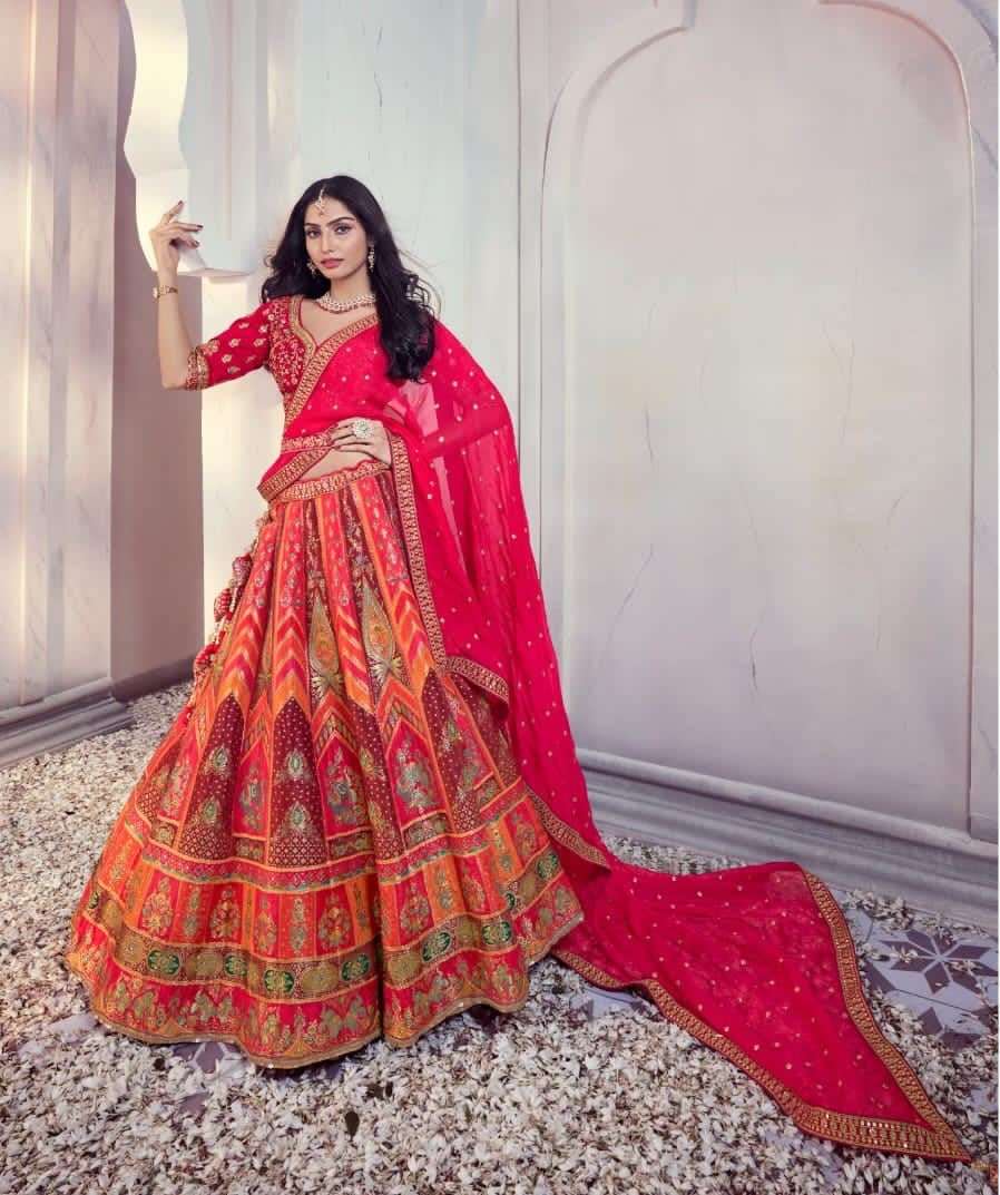 DESIGNER INDIAN BRIDAL WEDDING WEAR HEAVY ORANGE SILK LEHENGA CHOLI WITH AARI HAND WORK SM ROYAL 1040