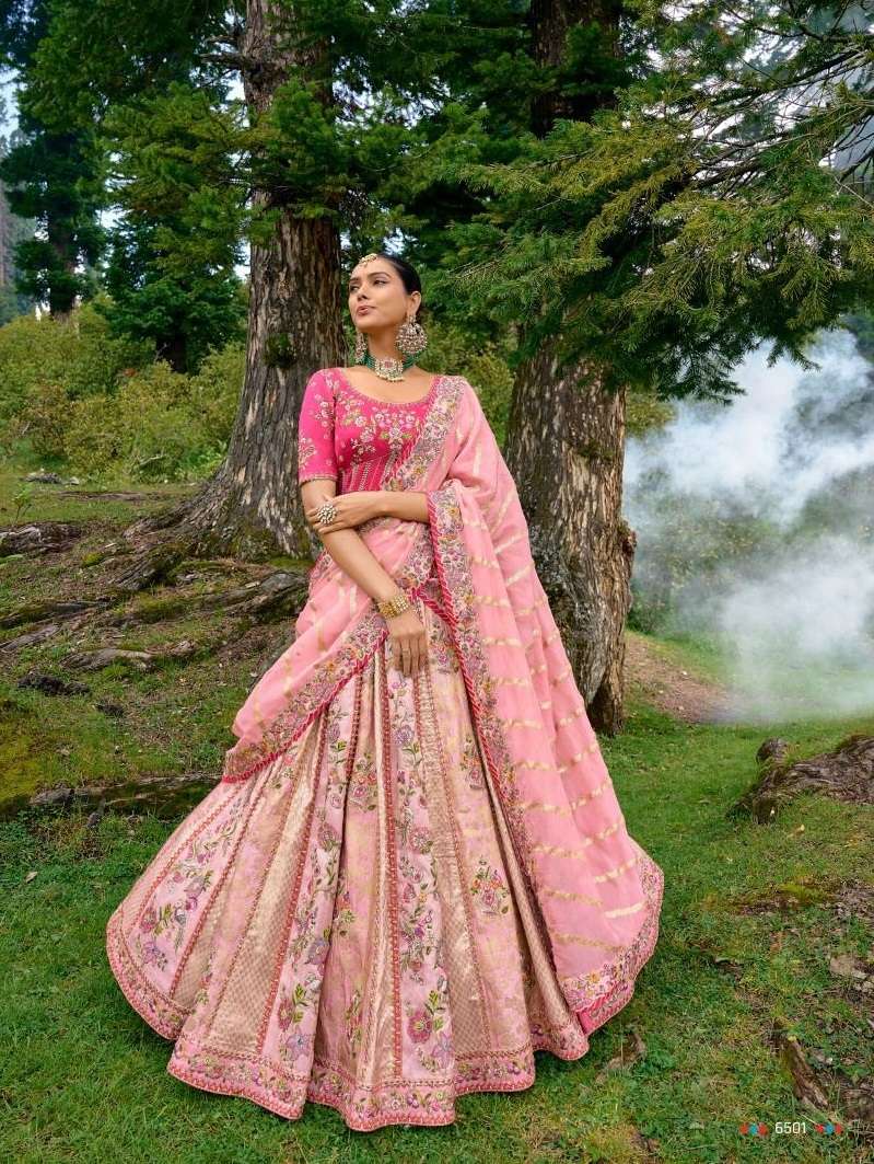 DESIGNER INDIAN BRIDAL WEDDING WEAR HEAVY PINK BANARASI SILK LEHENGA CHOLI WITH AARI WORK TATHASTU SM 6501