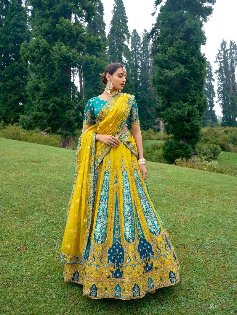 DESIGNER INDIAN BRIDAL WEDDING WEAR HEAVY YELLOW BANARASI SILK LEHENGA CHOLI WITH AARI WORK TATHASTU SM 6511