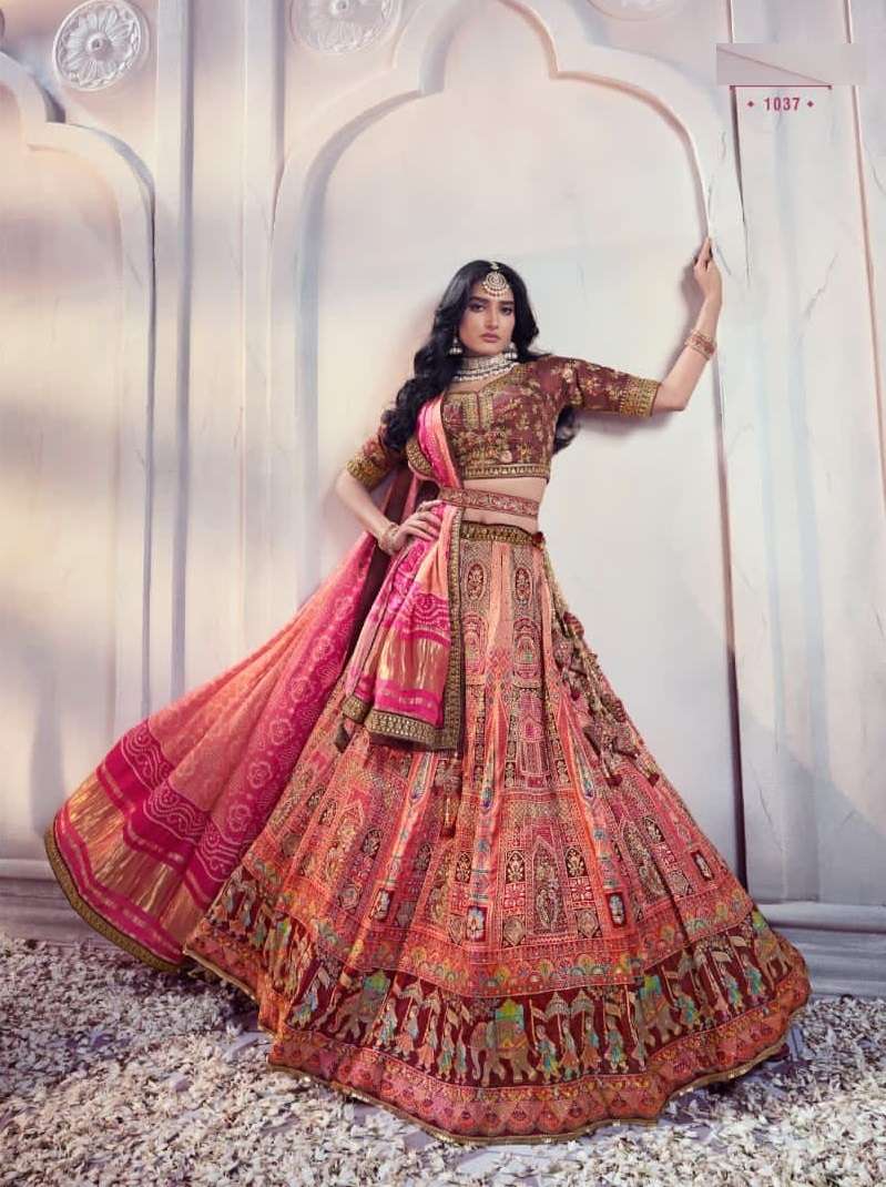 DESIGNER INDIAN BRIDAL WEDDING WEAR ORANGE HEAVY SILK LEHENGA CHOLI WITH AARI HAND WORK SM ROYAL 1037