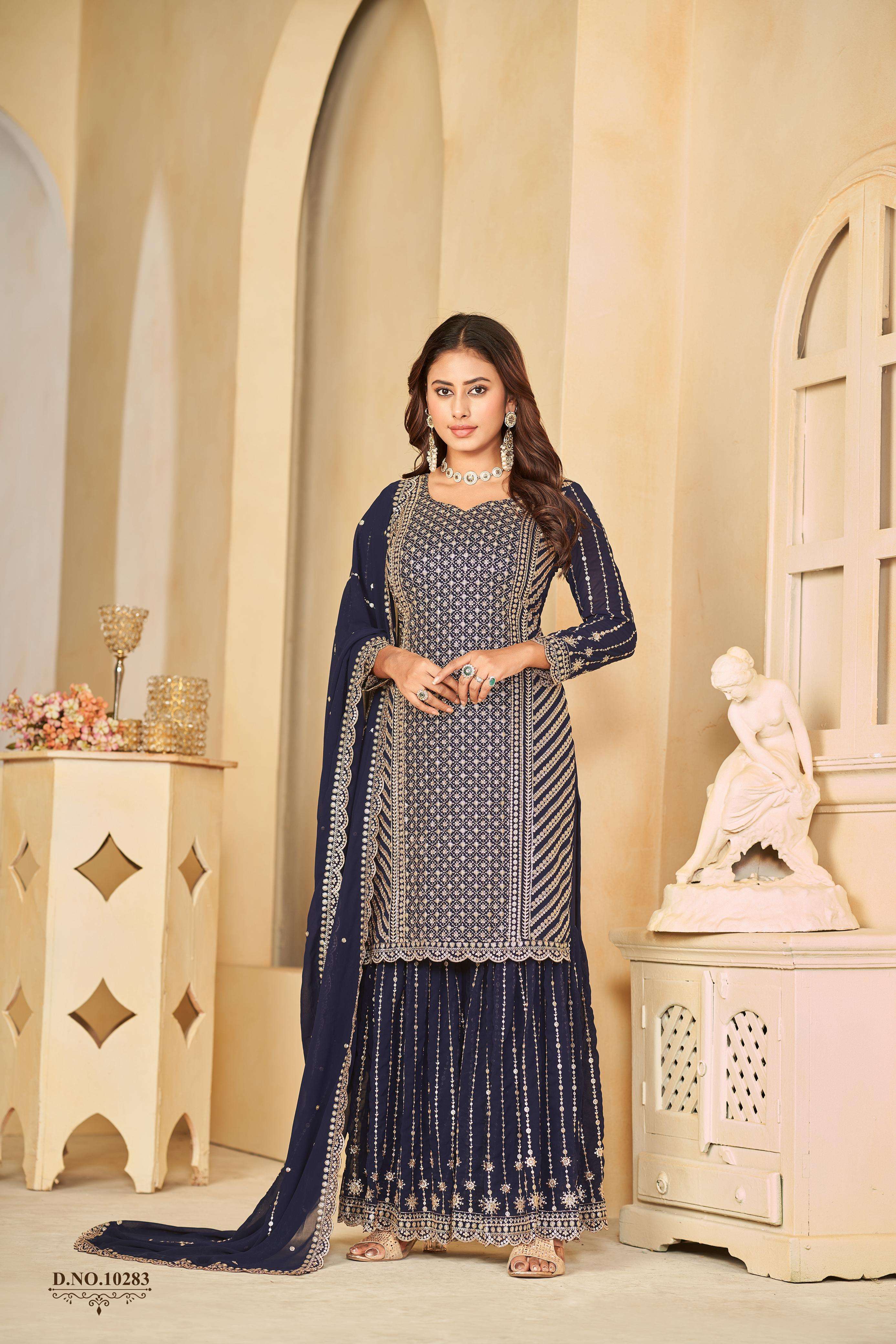 DESIGNER WEDDING PARTY WEAR BLUE FAUX GEORGETTE TOP SHARARA SALWAR SUIT ANJB 10283