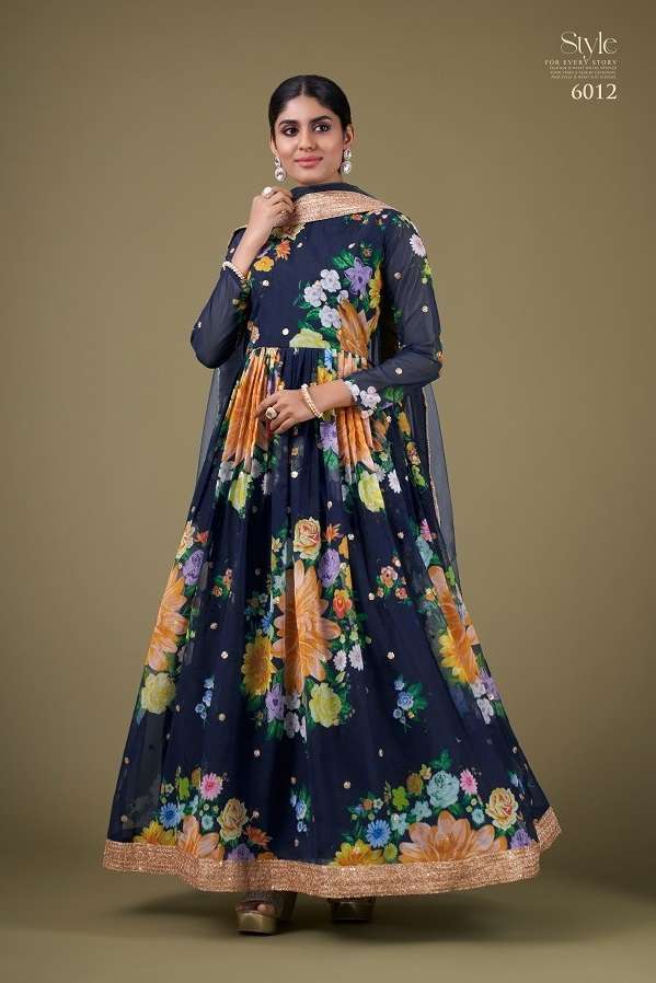 DESIGNER WEDDING PARTY WEAR BLUE GEORGETTE ANARKALI SALWAR SUIT GOWN WITH DUAPTTA AAWIYA 6012