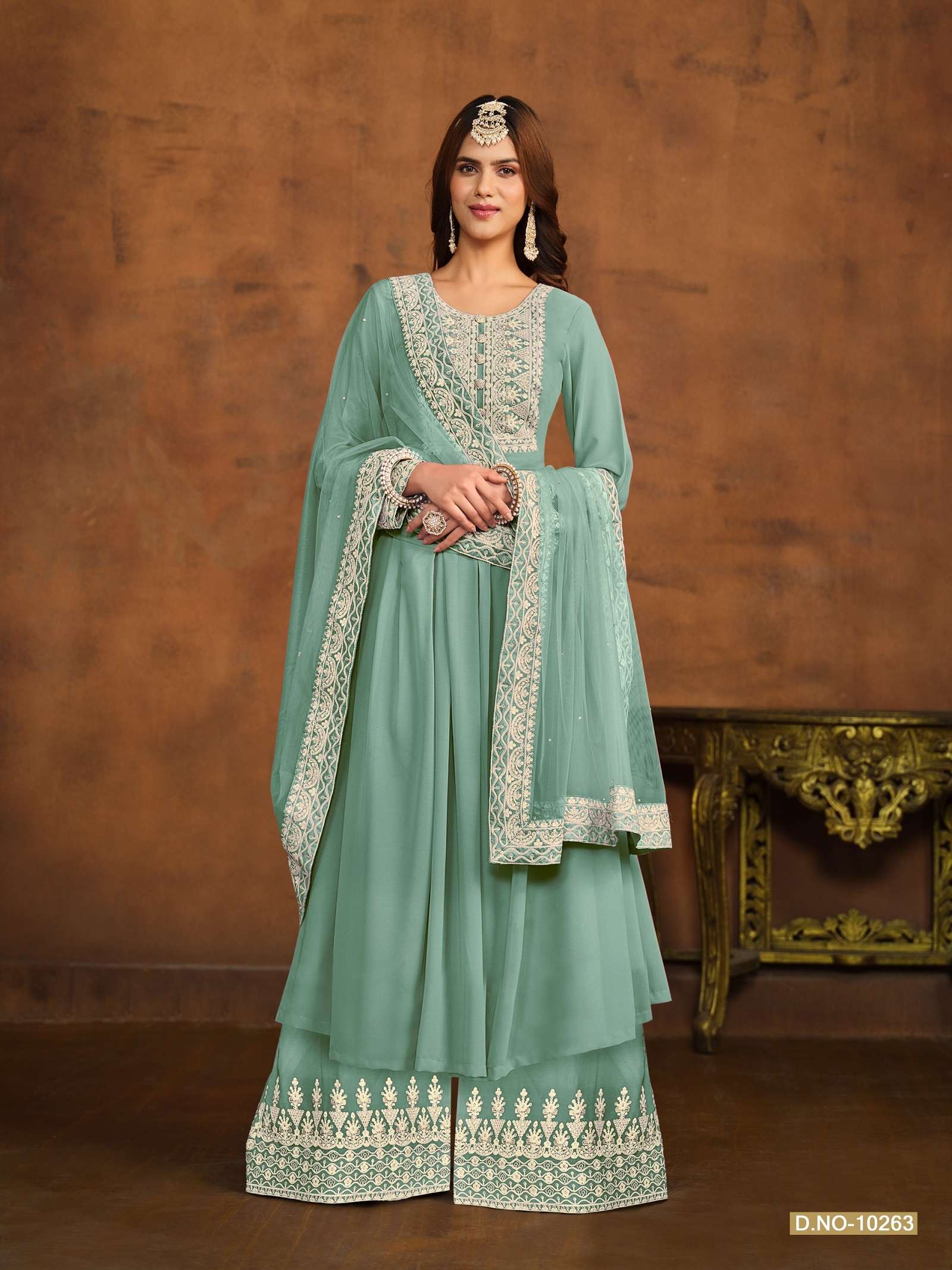 DESIGNER WEDDING PARTY WEAR BLUE GEORGETTE TOP SHARARA FANCY PALAZZO SALWAR SUIT ANJB 10263