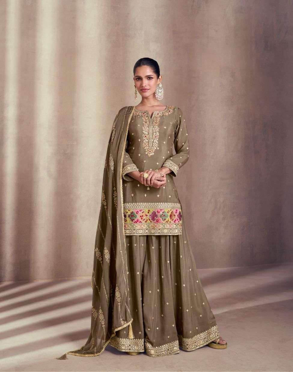 DESIGNER WEDDING PARTY WEAR CHINON SILK BROWN TOP SHARARA FANCY SALWAR SUIT SY SIYONA 5406