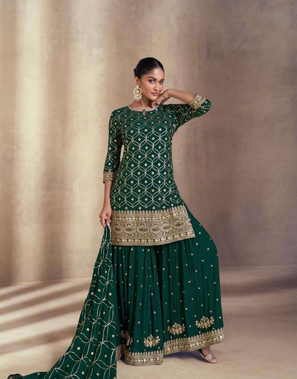 DESIGNER WEDDING PARTY WEAR CHINON SILK GREEN TOP SHARARA FANCY SALWAR SUIT SY SIYONA 5405