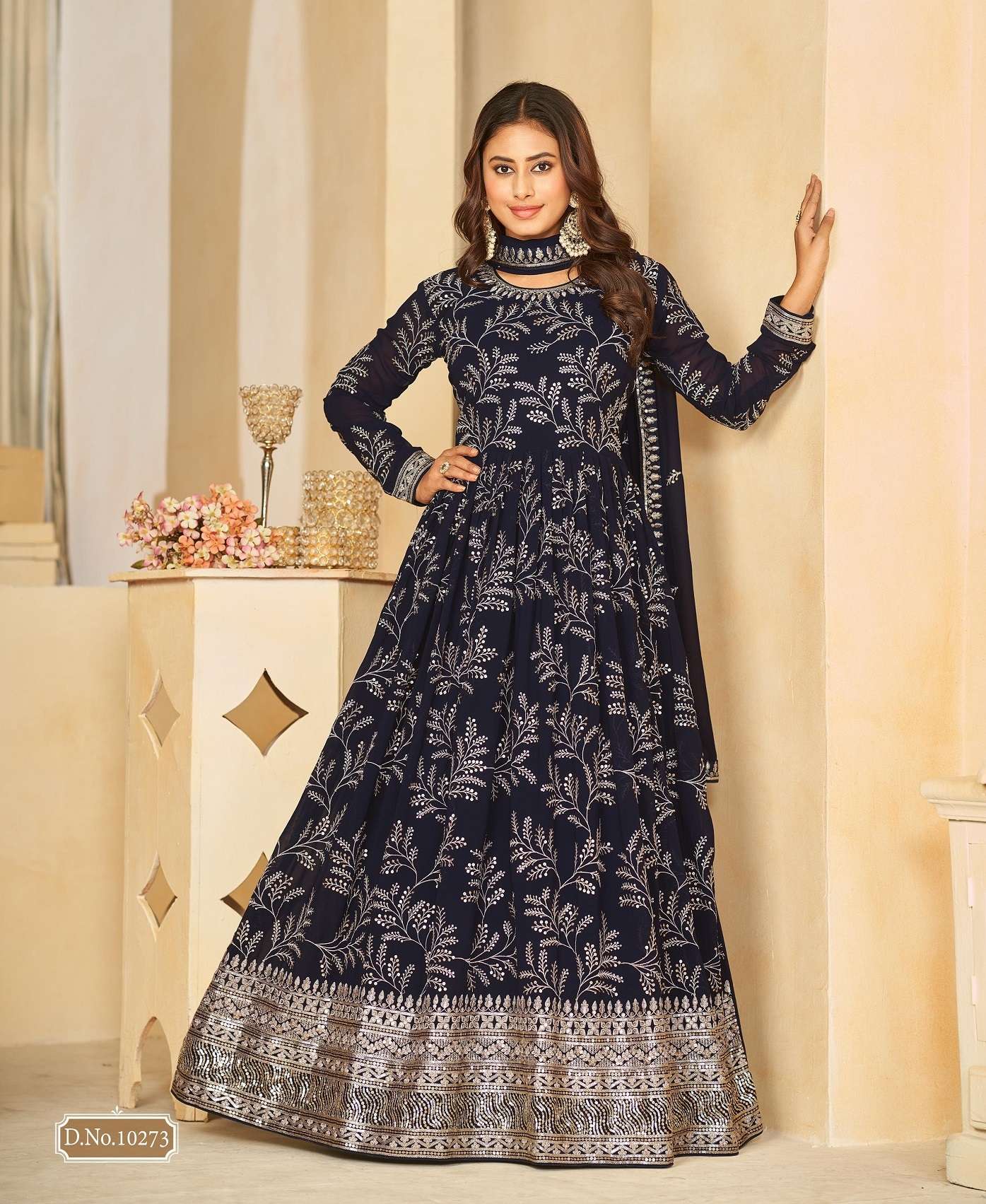 DESIGNER WEDDING PARTY WEAR FAUX GEORGETTE BLUE ANARKALI SALWAR SUIT GOWN WITH DUPATTA 10274