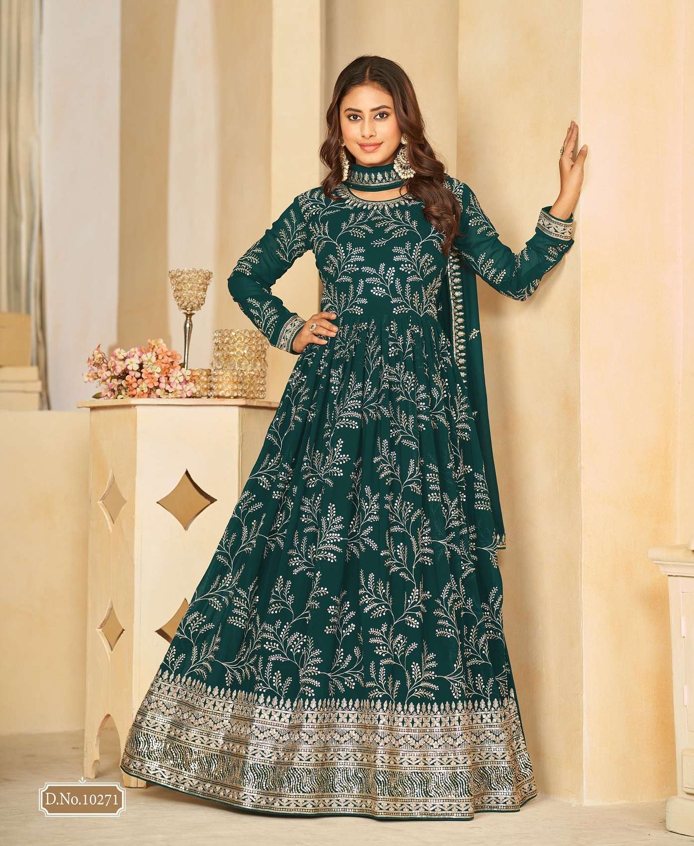 DESIGNER WEDDING PARTY WEAR FAUX GEORGETTE GREEN ANARKALI SALWAR SUIT GOWN WITH DUPATTA 10272