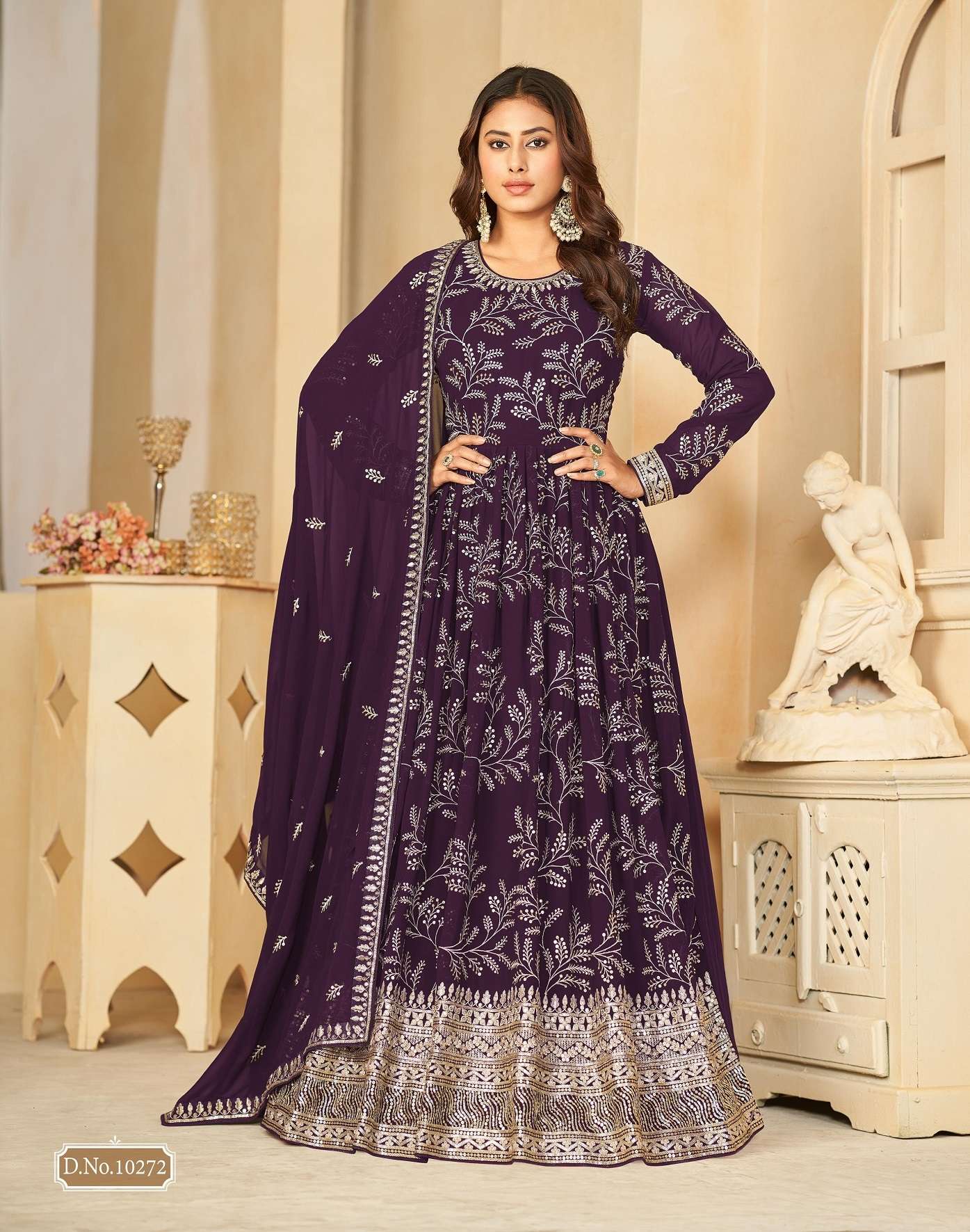 DESIGNER WEDDING PARTY WEAR FAUX GEORGETTE PURPLE ANARKALI SALWAR SUIT GOWN WITH DUPATTA 10273