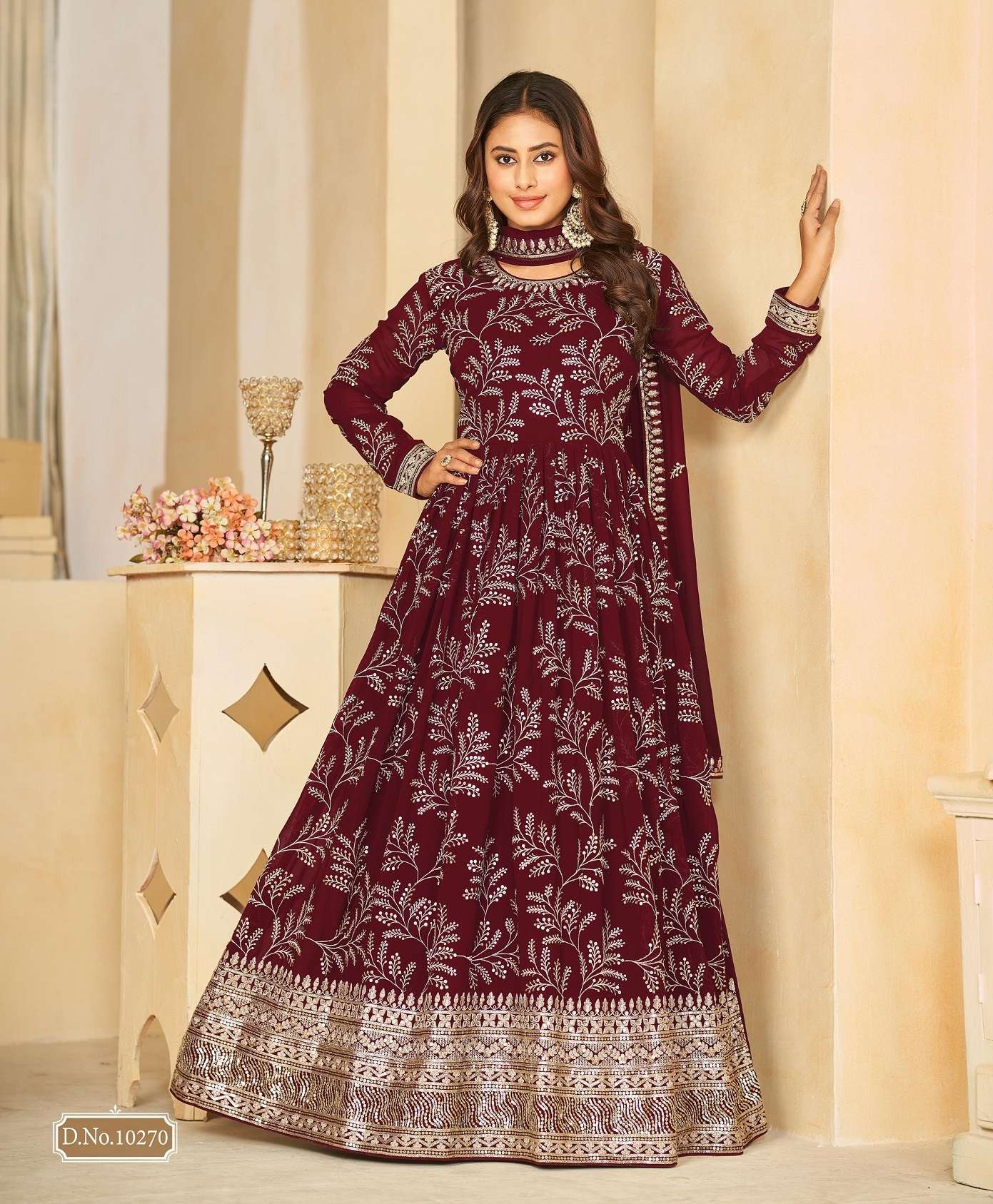 DESIGNER WEDDING PARTY WEAR FAUX GEORGETTE RED ANARKALI SALWAR SUIT GOWN WITH DUPATTA 10271