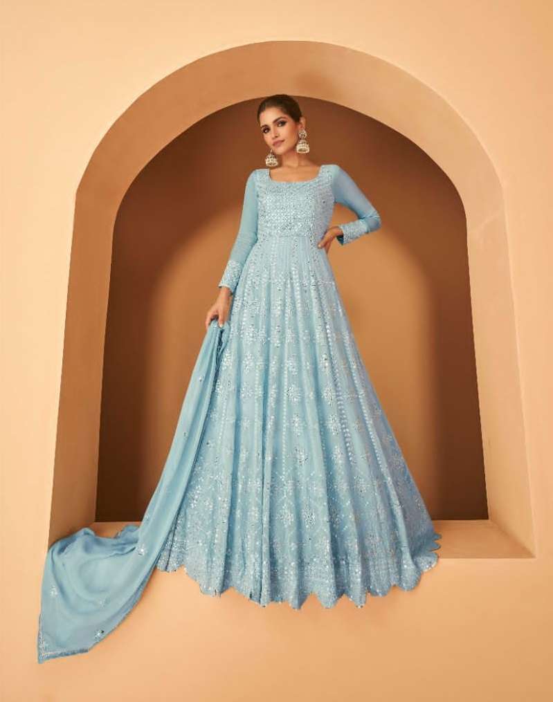 DESIGNER WEDDING PARTY WEAR GEORGETTE BLUE ANARKALI SALWAR SUIT GOWN WITH DUPATTA SY ARYA 5279