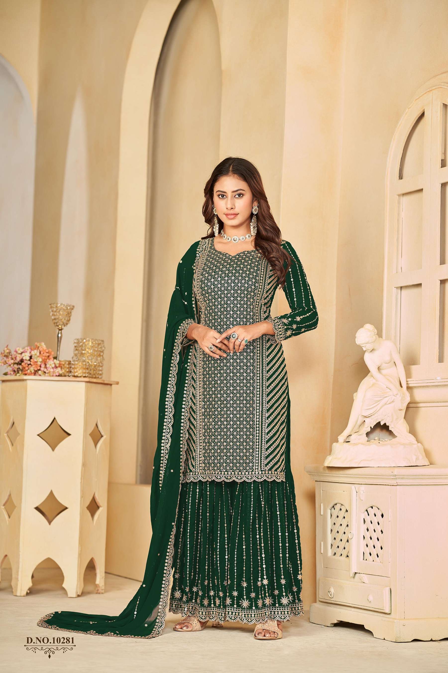 DESIGNER WEDDING PARTY WEAR GREEN FAUX GEORGETTE TOP SHARARA SALWAR SUIT ANJB 10281