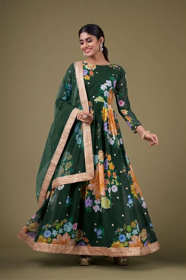 DESIGNER WEDDING PARTY WEAR GREEN GEORGETTE ANARKALI SALWAR SUIT GOWN WITH DUAPTTA AAWIYA 6015