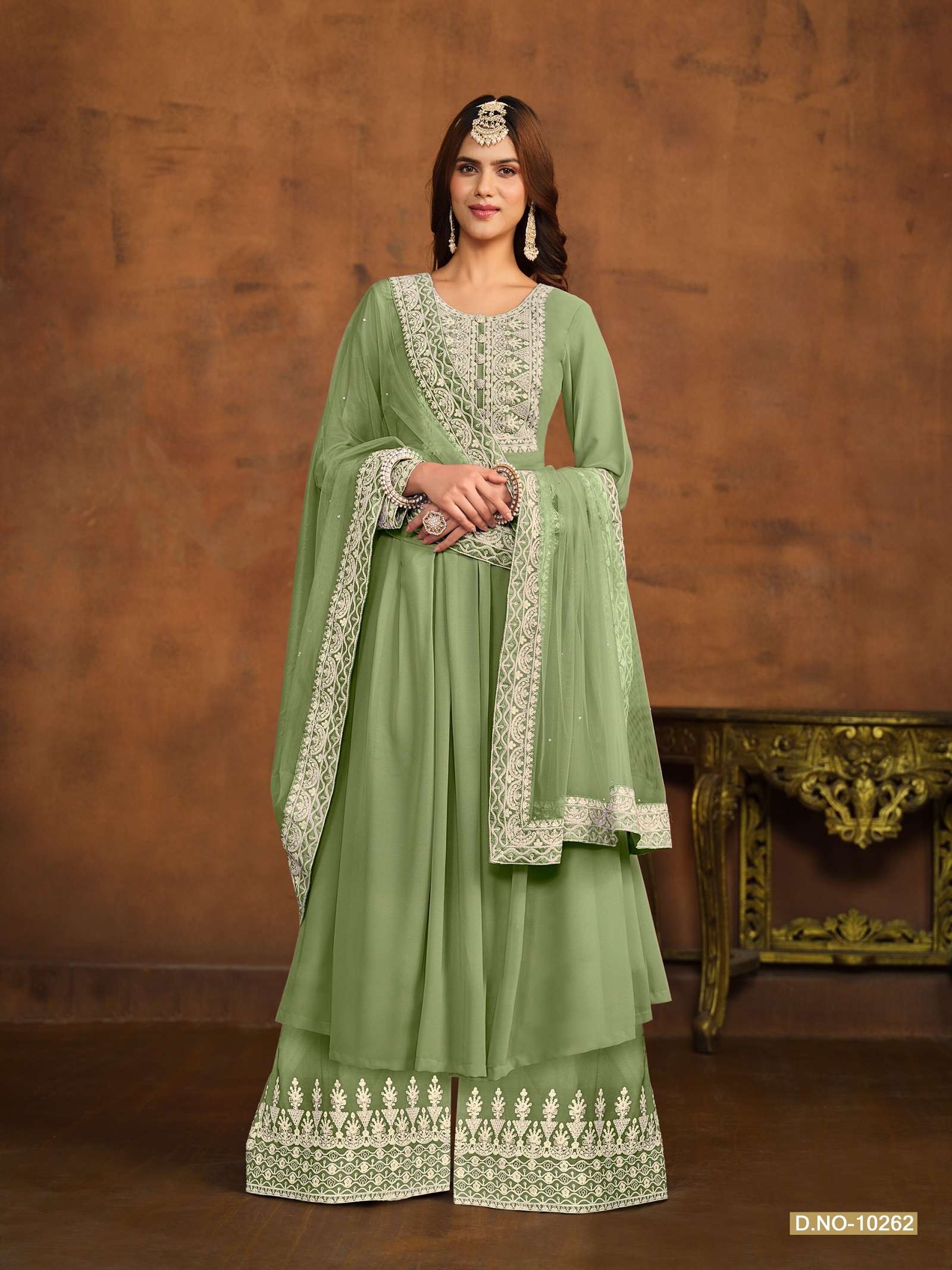 DESIGNER WEDDING PARTY WEAR GREEN GEORGETTE TOP SHARARA FANCY PALAZZO SALWAR SUIT ANJB 10262