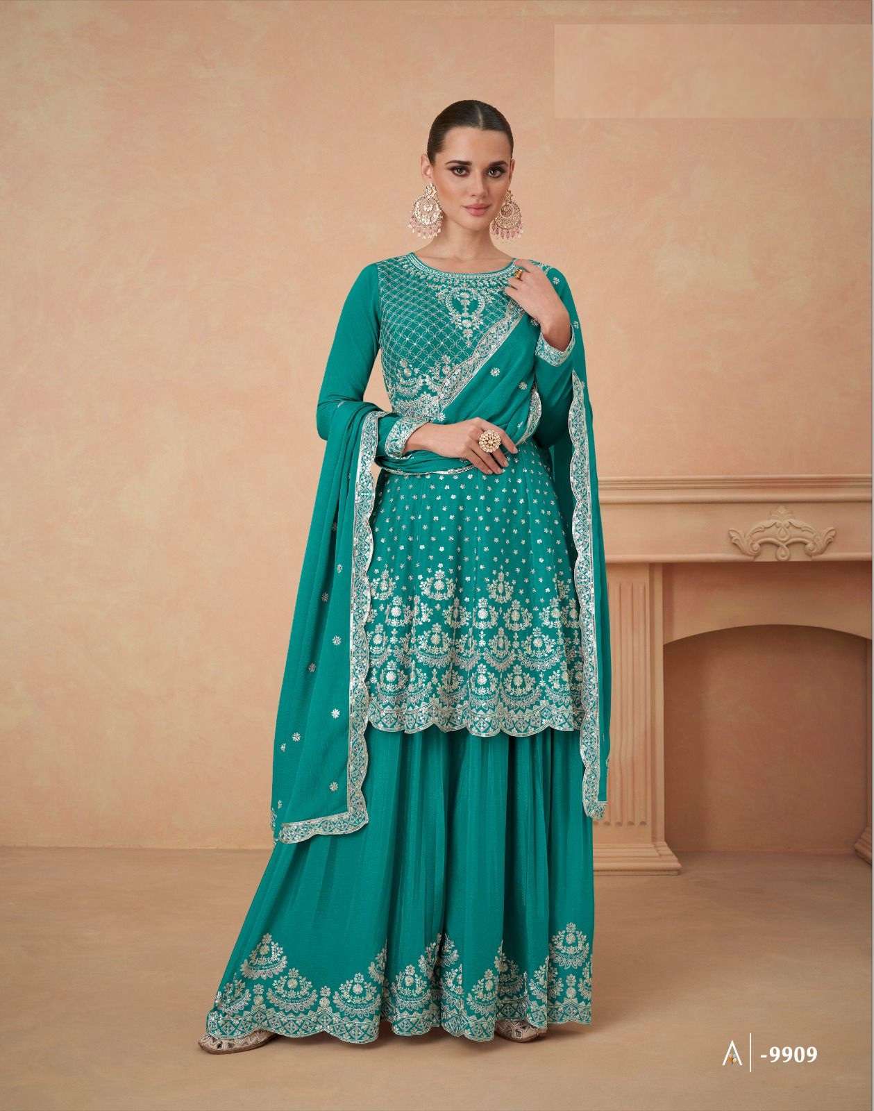 DESIGNER WEDDING PARTY WEAR GREEN REAL CHINON TOP SHARARA FANCY SALWAR SUIT AF AAHANA 9909