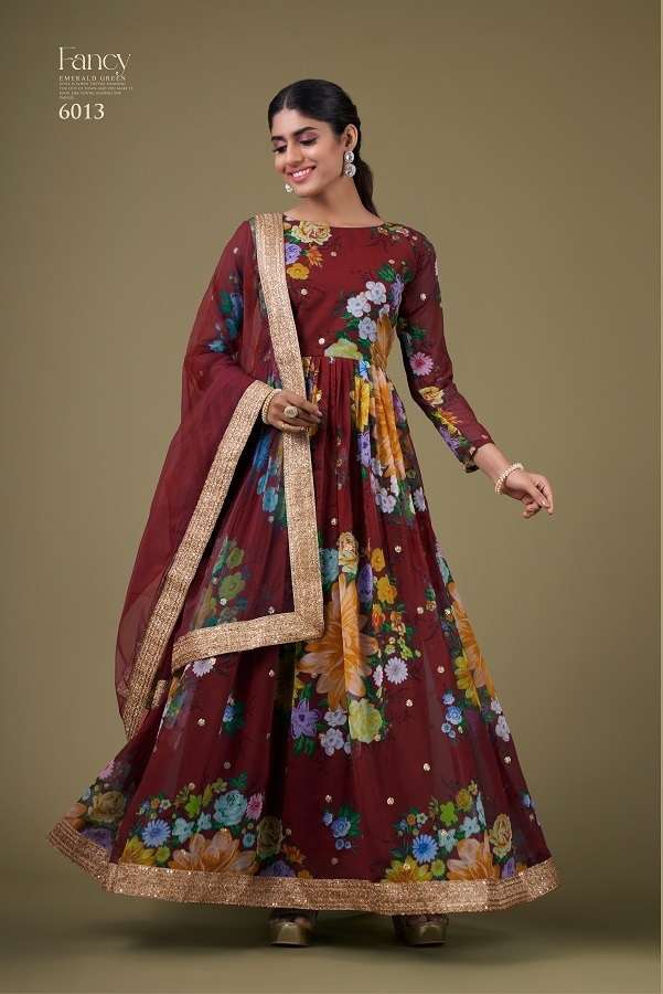 DESIGNER WEDDING PARTY WEAR MAROON GEORGETTE ANARKALI SALWAR SUIT GOWN WITH DUAPTTA AAWIYA 6013