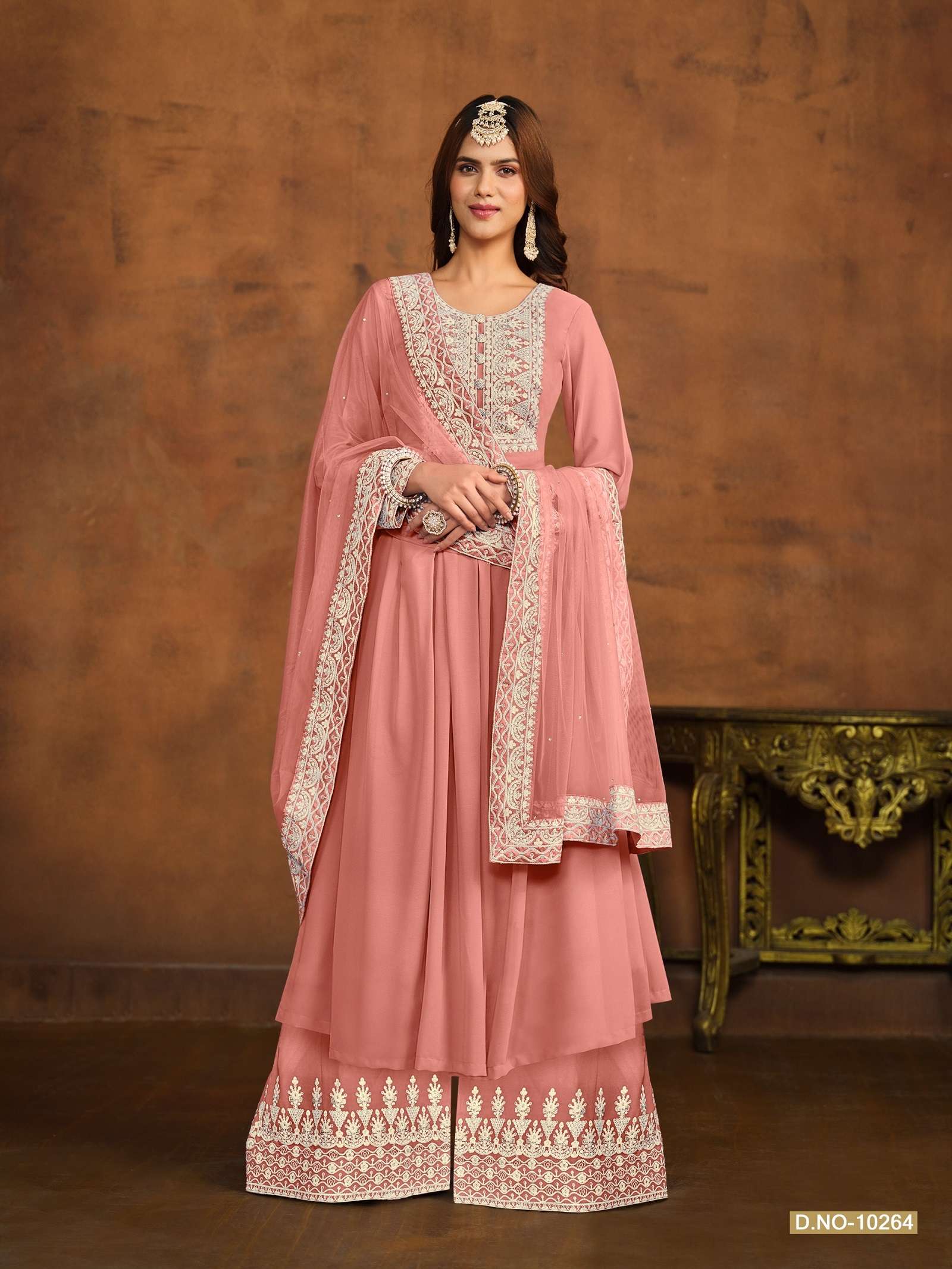 DESIGNER WEDDING PARTY WEAR PEACE GEORGETTE TOP SHARARA FANCY PALAZZO SALWAR SUIT ANJB 10264