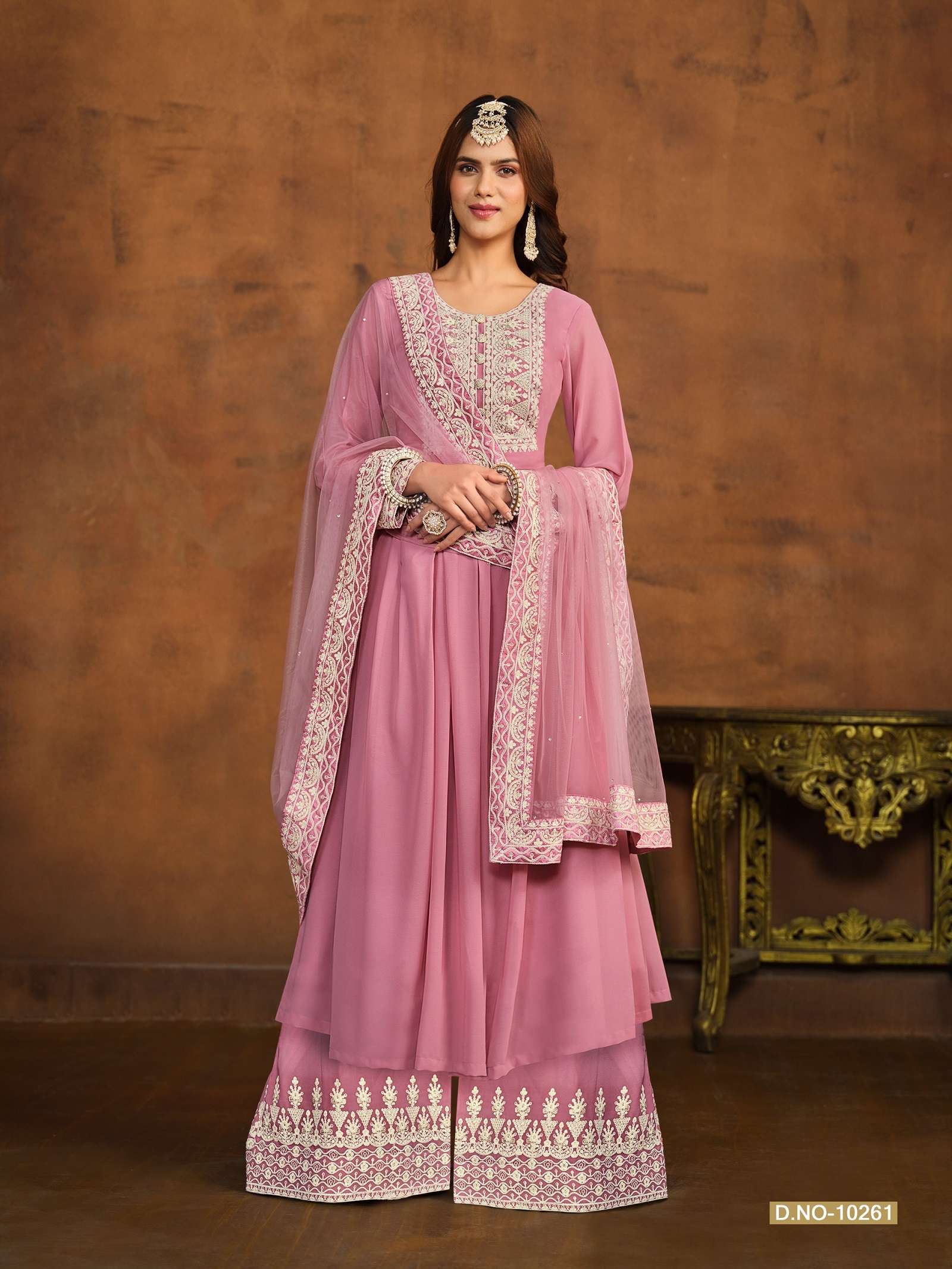 DESIGNER WEDDING PARTY WEAR PINK GEORGETTE TOP SHARARA FANCY PALAZZO SALWAR SUIT ANJB 10261