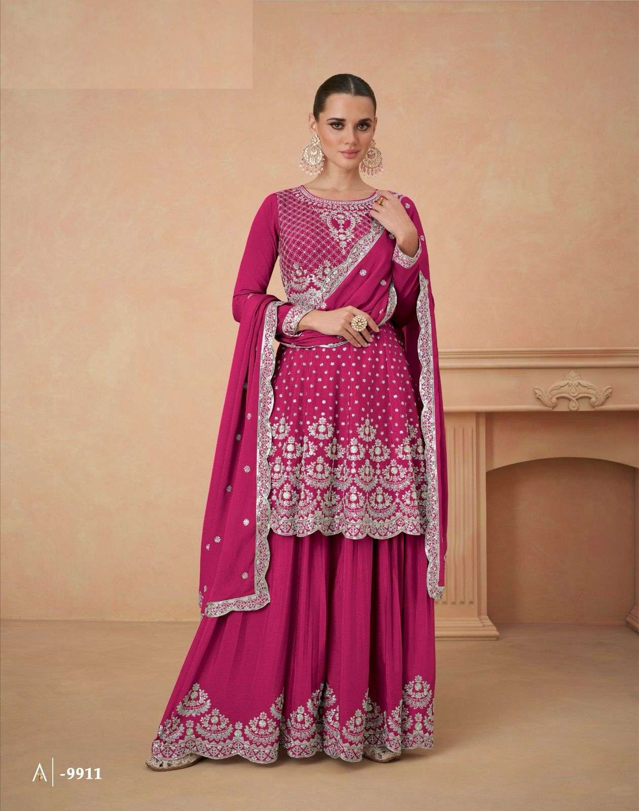 DESIGNER WEDDING PARTY WEAR PINK REAL CHINON TOP SHARARA FANCY SALWAR SUIT AF AAHANA 9911