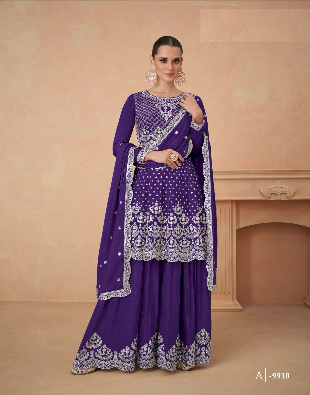 DESIGNER WEDDING PARTY WEAR PURPLE REAL CHINON TOP SHARARA FANCY SALWAR SUIT AF AAHANA 9910