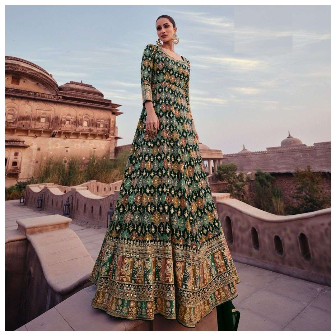 DESIGNER WEDDING PARTY WEAR REAL GEORGETTE GREEN ANARKALI SALWAR SUIT GOWN WITH DUPATTA SY ADVIRA 5414