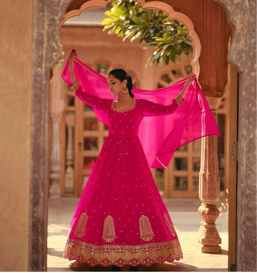 DESIGNER WEDDING PARTY WEAR REAL GEORGETTE PINK ANARKALI SALWAR SUIT GOWN COLLECTION SY KAVYA 5426