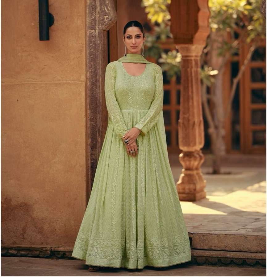 DESIGNER WEDDING PARTY WEAR REAL GEORGETTE PISTA ANARKALI SALWAR SUIT GOWN COLLECTION SY KAVYA 5427